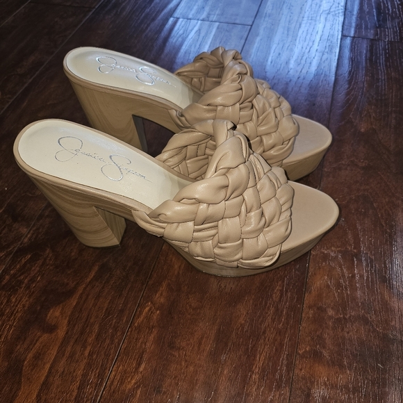 Jessica Simpson chunky wood plat-form faux leather braided heels, size 11M - Picture 3 of 7